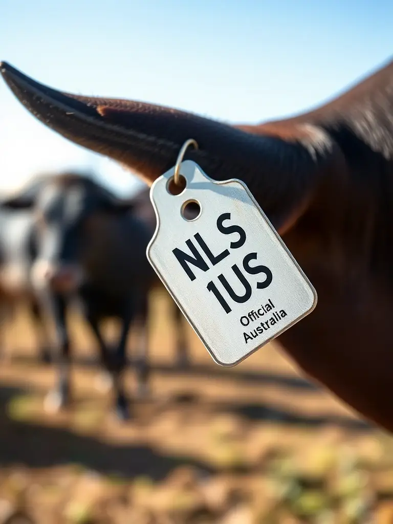 A close-up shot of a cattle NLIS tag, highlighting its unique identification number and the official NLIS logo, set against a blurred background of a cattle farm in Australia.